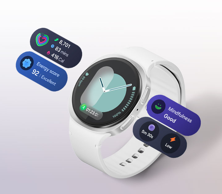 Galaxy Watch8 mostrando la pantalla One UI 8. Cerca hay cuatro Now Bars, una para Actividad diaria, Energy Score, Mindfulness y Ejercicios de respiración.