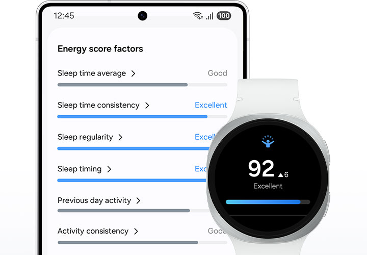 La esfera del Galaxy Watch8 muestra la pantalla Energy Score con una puntuación de 92 y la palabra “Excelente”. En la parte posterior, un smartphone Samsung Galaxy muestra los factores de la Energy Score, incluyendo el promedio de tiempo de sueño, la consistencia del tiempo de sueño, la regularidad del sueño, el horario del sueño, la actividad del día anterior y la consistencia de la actividad.